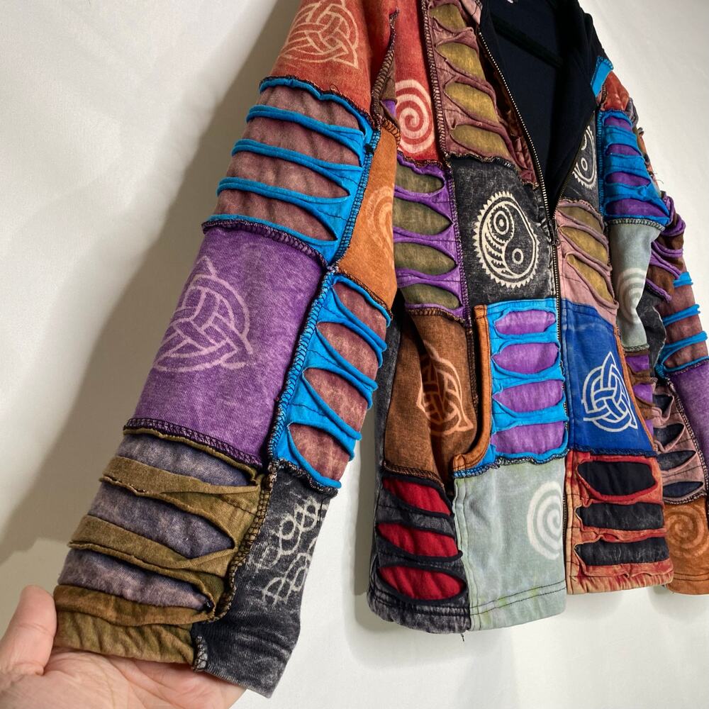 Rising International Patchwork Fleece Grunge Indie Granola Hoodie Size Large - Picture 2 of 10